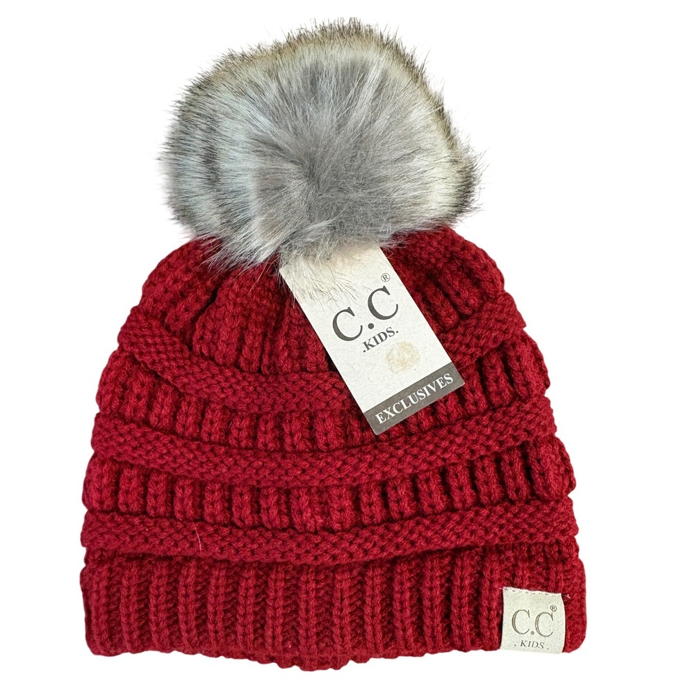 C.C‎ Kids Red Cable Knit Beanie Faux Fur Pom Pom Winter Hat KIDS Size M-L NEW